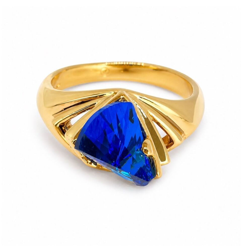 Vintage 1970s Ring Size 7 Blue Crystal Lens Cut Modernist Gold Plated - 14I
